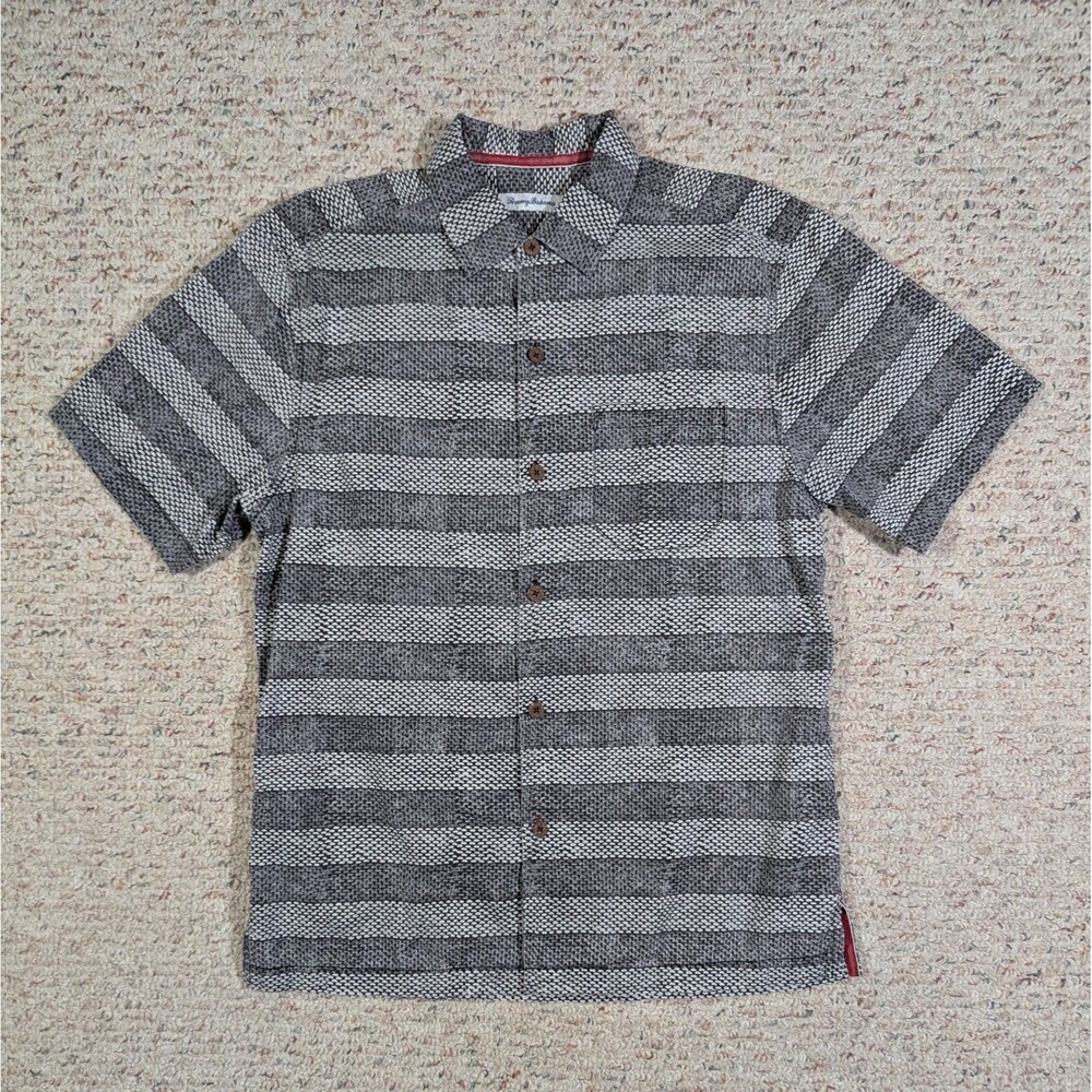 Tommy Bahama Button Up Shirt Mens Medium Gray Silk Blend Striped Pattern Pocket